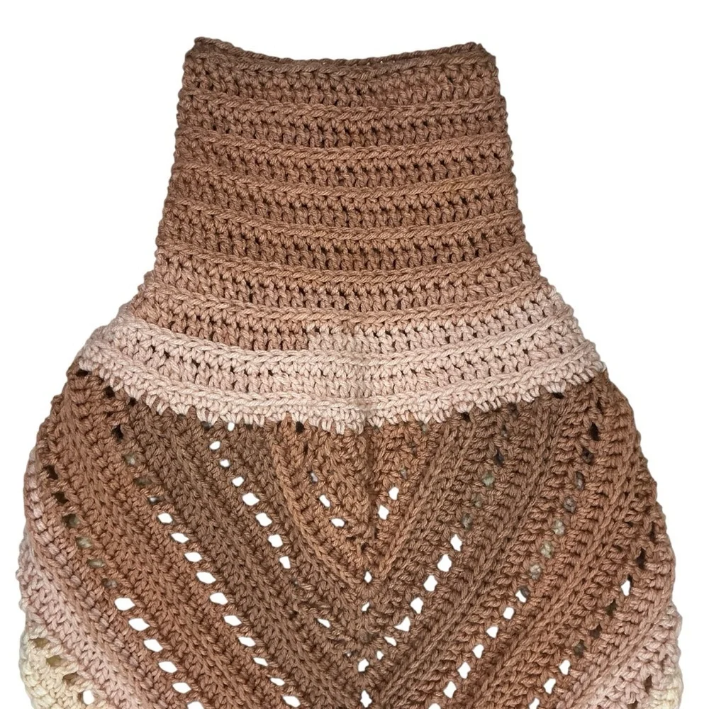 Hand Crafted‎ Crochet Turtle Neck Scarf in Beige and Cream with Fringe